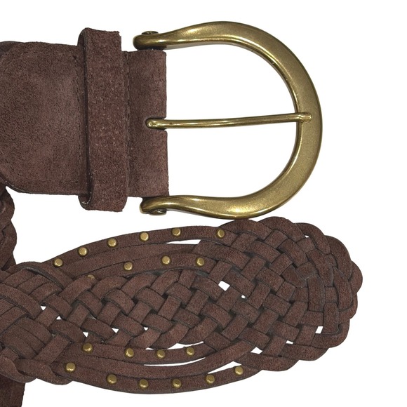 Coldwater Creek Suede Braided Belt Women Brown Brass Buckle Studded Boho Western main image 12